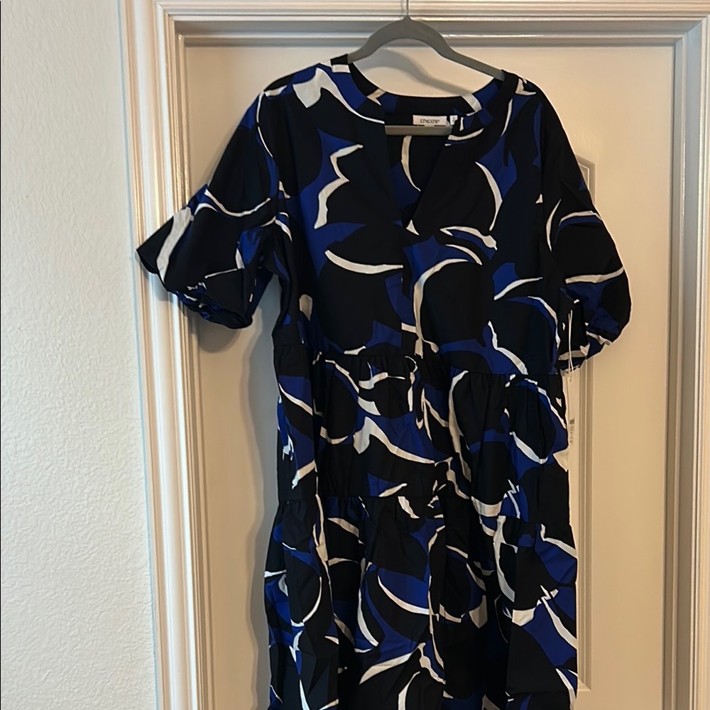 Plus Size Chico's Blue Crew Neck Puff Sleeve Dress 100% Pima cotton